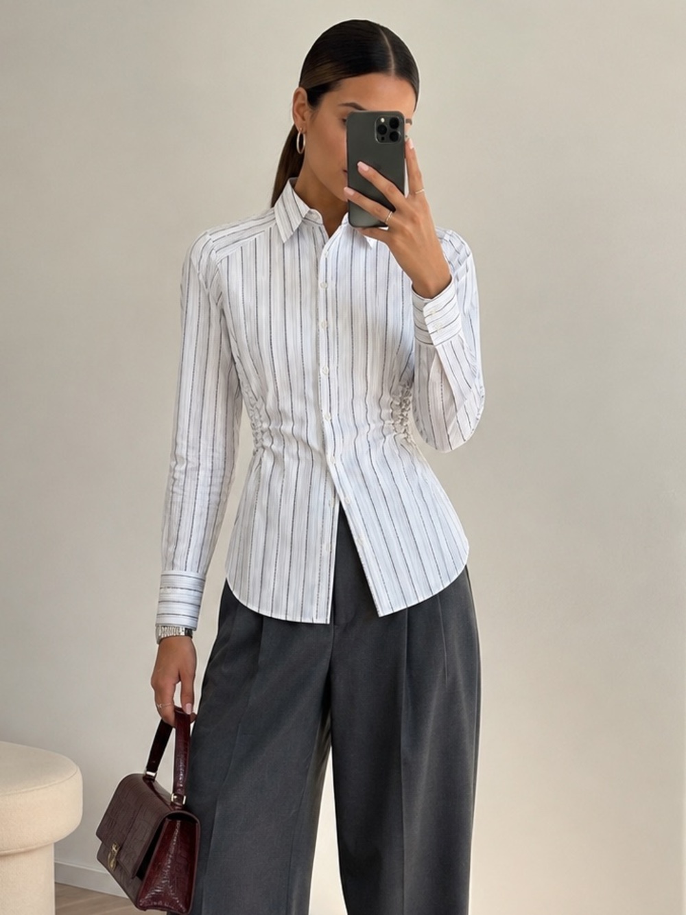 YAS YASAREKA White Black Stripe Long Sleeve Fitted Button Shirt Size 36